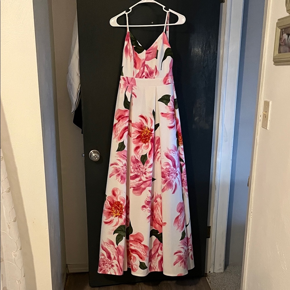 White/ Pink Floral Prom Dress